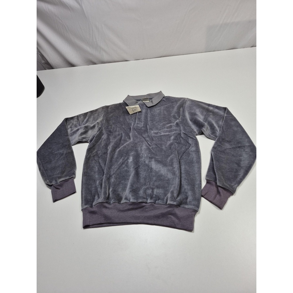VTG J.J. Cochran Polo Shirt Mens Small Gray Velour Long Sleeve Pocket Made USA